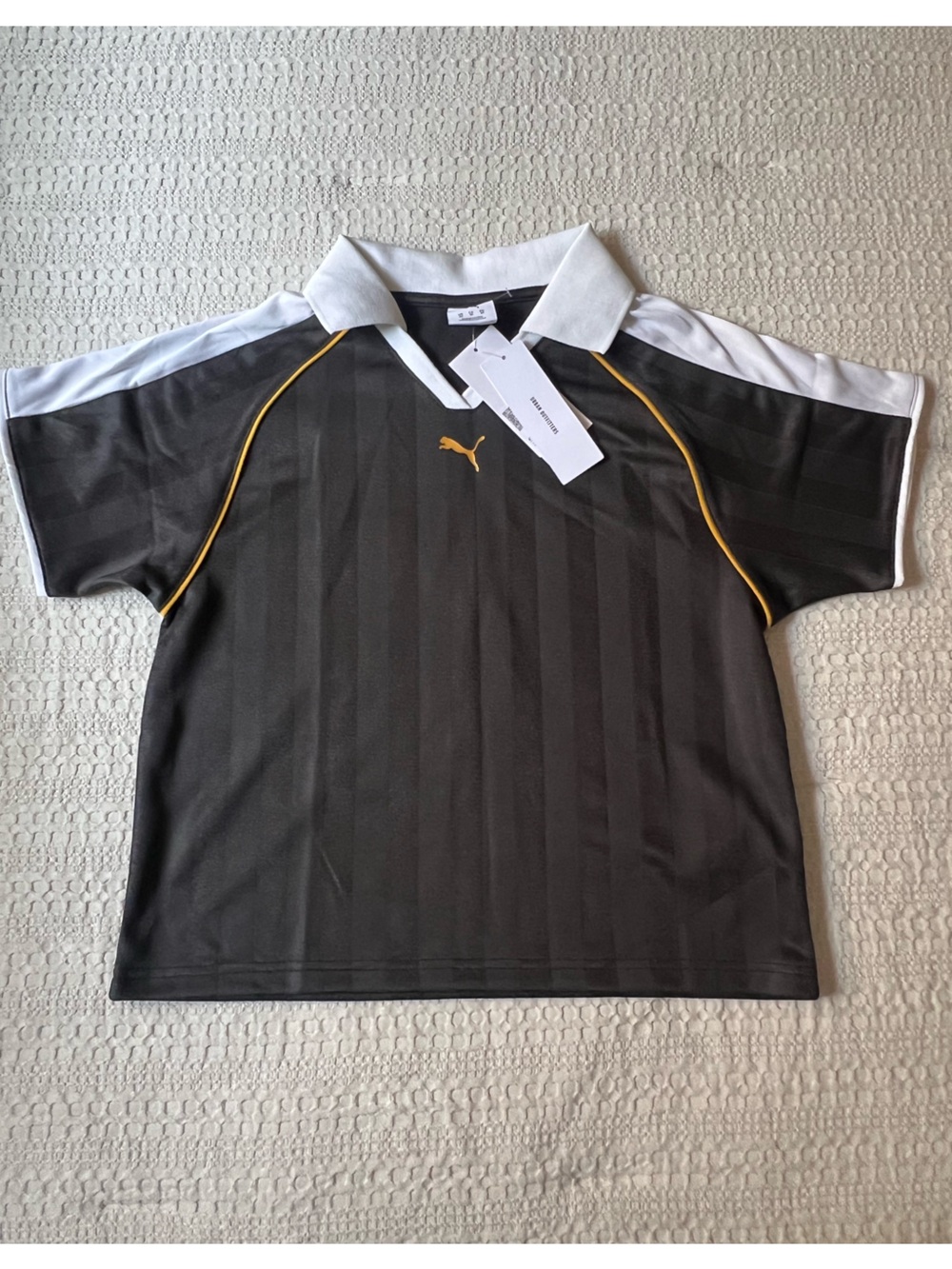 Puma Black Polo Top with White Shoulders and Yellow Piping